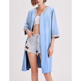 Ekouaer Women Zipper Robe 3/4 Sleeve Nightgowns Lightweight Short Bathrobe with Pockets Blue Strips,XL