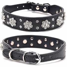 Rhinestone Dog Collar, Cute Flower Rhinestone Cat Dog Collar Bling Collar PU Leather Collar Adjustable Sizes Small Medium Large (S, Black)