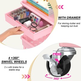 Goovilla 4 Tier Rolling Utility Cart Organizer with Removable Drawer, Stable and Sturdy Pink Rolling Storage Carts with 2 Lockable Wheels for Bathroom, Kitchen, Snack, Craft, Makeup, Baby Essentials