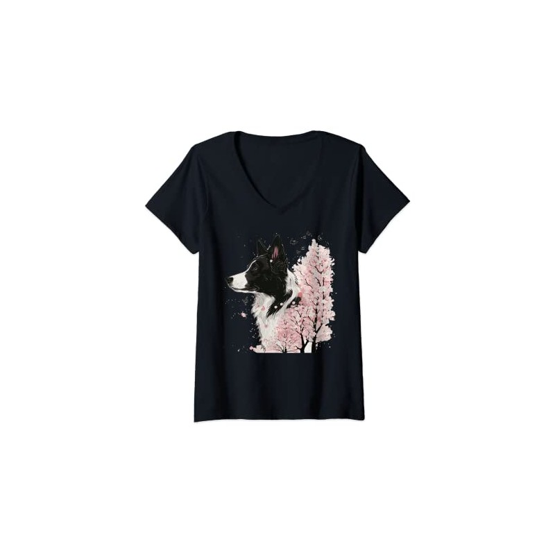 Womens Border Collie Cherry Blossom Dog Breed Japanese Sakura V-Neck