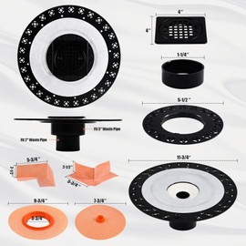 4 Inch Shower Drain Flange Kit Compatible with Schluter Kerdi Systems Shower Drain with Flange, Shower Floor Drain Kit, 304 Stainless Steel Grate & 2" ABS Flanges, Matte Black