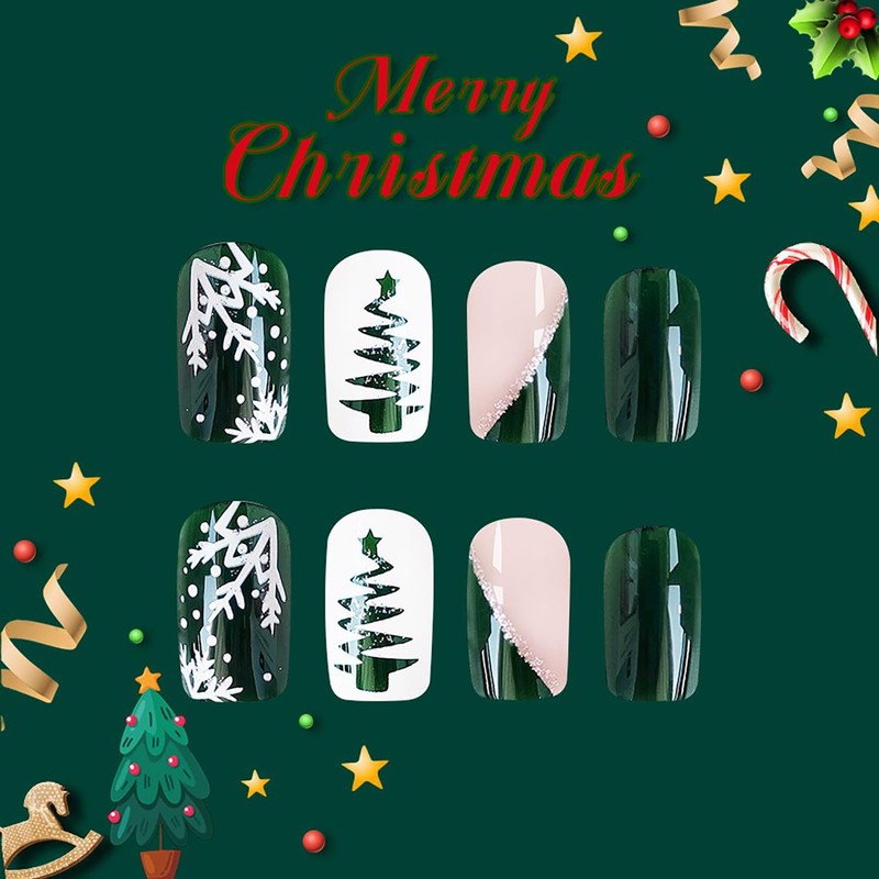Christmas Press on Nails Short Square OFDNE Green & White