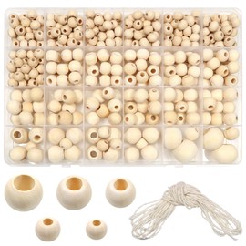 TOAOB 406 Pieces Natural Round Wooden Beads Set 8 mm to 20 mm Mixed Size Spacer Beads with 5 m Cotton Rope for DIY Jewellery Making