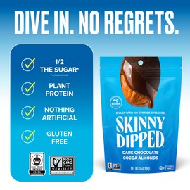 SkinnyDipped Dark Chocolate Cocoa Almonds, Healthy Snack, Plant Protein, Gluten Free, 3.5 oz Resealable Bags (Pack of 5)