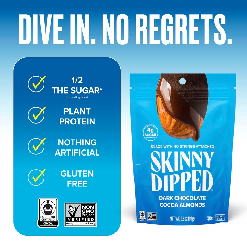 SkinnyDipped Dark Chocolate Cocoa Almonds, Healthy Snack, Plant Protein, Gluten