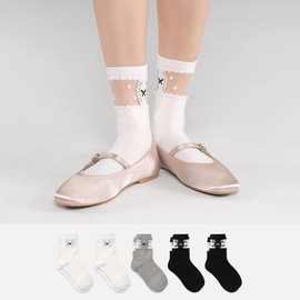 kikiya socks Women Cute Crew | 5 Pairs Ribbon Pattern with Sheer Mesh Design Socks Preppy See-through Graphic Daily Boot Preppy Cotton Socks | Womens Ladies Girls Gift | Ribbon B