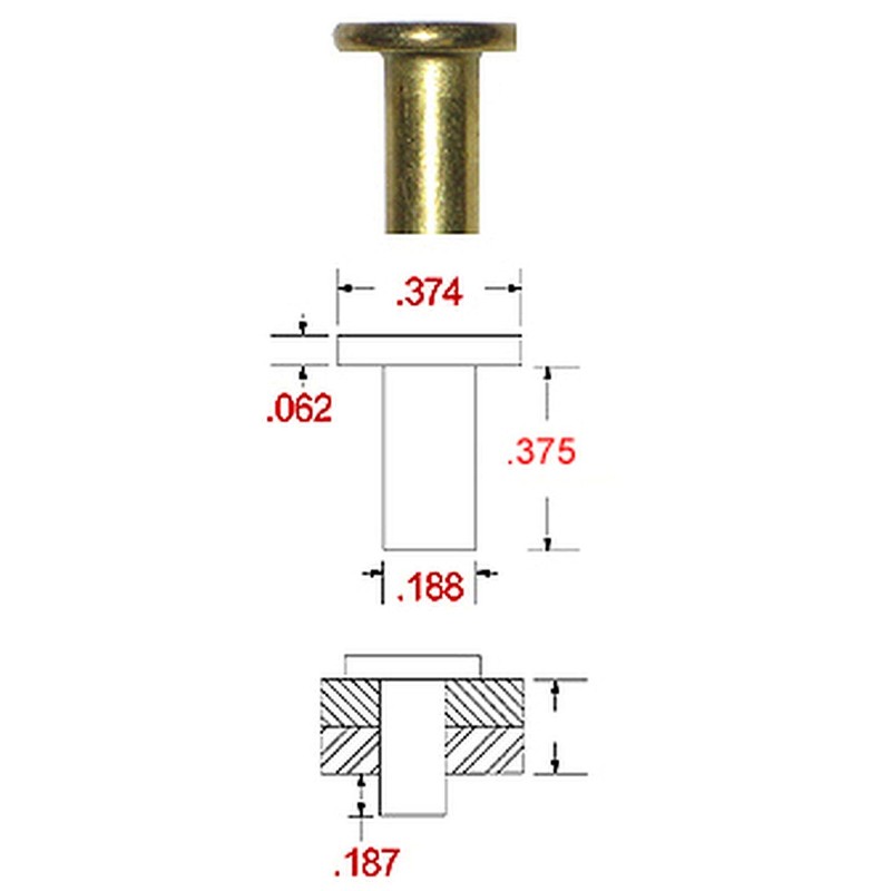 3/16" Dia. X 3/8" Length - Brass Solid Rivet, Flat