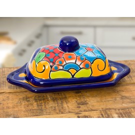 Enchanted Talavera Mexican Handmade Talavera Pottery Hand Painted Ceramic Butter Dish Kitchen Stick Holder With Lid Spanish Hand Painted Crock Floral Design Serving Set (Cobalt Blue Multi)