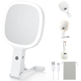 Gospire 6.8" Travel Vanity Mirror, 3-in-1 Hanging/Handheld/Desktop Use with Dual-Side Buttons, 1X/10X Magnification, 3-Color Dimmable LED, Auto Memory + Velvet Pouch (White)