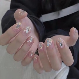 CEBOIC Glue-On Nails, Short, Handmade Gel Nails, Press On Nails, Translucent Iridescent Artificial Nails for Girls and Women, Everyday and Holiday, Pack of 10 Nails Make Your Own Set