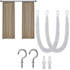 Natural Cotton Rope Curtain Tie Backs,2 Pcs Elegant Boho Style Decorative Hand Knitting Curtains Tied with Metal Hook Braided Curtain Tie Backs for Home Hotel Office (Light Grey)