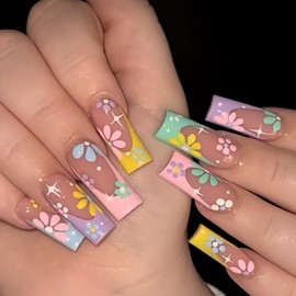24Pcs Daisy Flower Press on Nails Spring Summer Long Fake Nails Colorful Daisy Design Glue On Nails Coffin Shape False Nails Flowers Acrylic Press Ons Full Cover Glue on Nails for Women Manicure Art