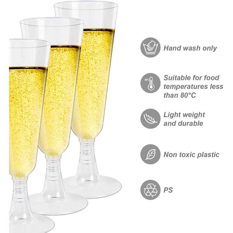 eMKay® Clear Plastic Champagne Flutes/Glasses 140ml - 32 Count (Pack