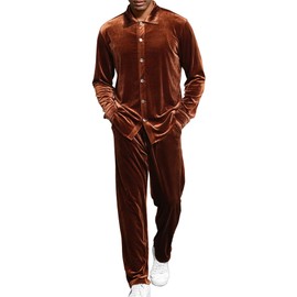 LecGee Mens Fashion Pants Set Velour Velvet Button Down Shirt Casual Fall 2 Piece Lounge 80s Outfit Tracksuit(Brown,XXL)
