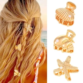 Banatra Starfish Hair Clips Gold Small Metal Claw Clips Mini Shell Beach Hair Accessories for Women and Girls (Pack of 3）