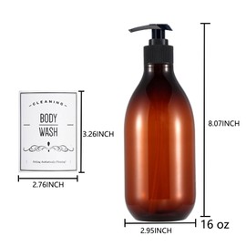 2 Pack Pump Bottle Dispenser, 16 oz Plastic Lotion Bottle with Pump for Body Oil, 500ml Amber Refillable Containers with 12 Labels for Shampoo Body Wash Hand Dish Soap