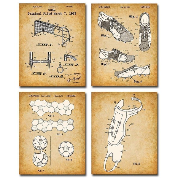 Original Soccer Patent Prints - Set of Four Photos (8x10) Unframed - Makes a Great Sports Bar or Man Cave Decor and Gift Under $20 for Soccer Players or Soccer Fans