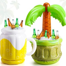 HyDren 2 Pcs 26.8" Inflatable Drink Cooler with Inflatable Palm Tree Cooler, Beach Party Supplies for Luau Hawaiian Tropical BBQ Party(Beer,17.7 Inch)