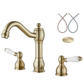 Aolemi Brushed Gold 8 Inch Widespread Bathroom Sink Faucet Double Ceramic Handle 3 Hole Deck Mount Vanity Basin Mixer Tap with Pop Up Drain Assembly