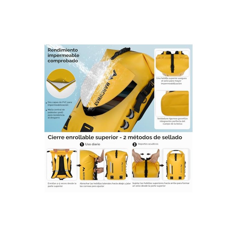 MARCHWAY Mochila impermeable para senderismo, kayak (amarillo, 30 L)