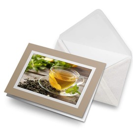 Greeting Cards Biege (Insert) - Green Tea Cup Healthy Organic Blank Greetings Card Birthday Kids Party Boys Girls #21658