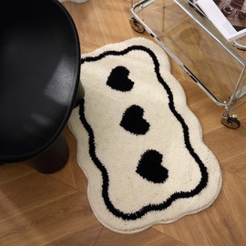 Bathroom Modern Rugs Non-Slip Black with White Mats Funny Heart Design Washable Bath Rugs Microfiber (WhiteB-Single Heart, 2'8"x1'8"(Oblong))