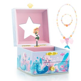 RR ROUND RICH DESIGN Kids Musical Jewelry Box for Girls Include Drawer and Pretty Jewelry Set with Cute Mermaid Theme - Beautiful Dream Tune Blue