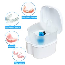 Denture Soaking Box Orthodontic Retainer Bath Case with Strainer Basket, False Teeth Container Dental Denture Bath Box Case Cup for Travel Cleaning - White