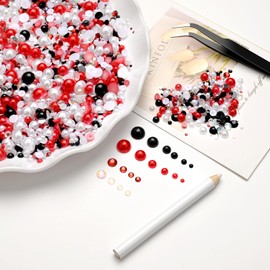 Bouiexye 80 g Mix Half Beads and Rhinestones for Crafts 2 mm - 10 mm Flat Back Beads and Rhinestones Mix for Face Nail DIY Cups Crafts Tumbler Shoes Semicircular Beads (Red Black White)