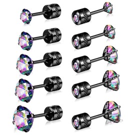VOLUKA Titanium Earrings for Sensitive Ears, 5 Pairs Screw Back Hypoallergenic Surgical Grade Titanium Cubic Zirconia Stud Earrings for Women Men - Black Colorful