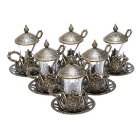 Alisveristime (Set of 6) Handmade Turkish Tea Water Zamzam Serving Set Glasses Saucer and Spoon (Autentic Color)