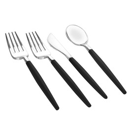 Luxe Party 128 Pieces Two Tone Plastic Disposable Cutlery | Forks-Spoons-Knives | Full Size | Chic Round | Black and Silver