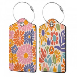 Groovy Daisy Flowers PU Lether Luggage Tags,2 Pack PU Cute Suitcase Tags with Stainless Steel Loop and Address Card Baggage Tag for Travel