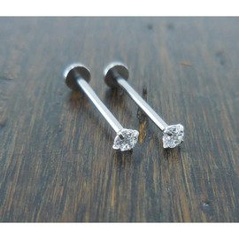 Pair Dimple Maker Cheek Piercings 3mm Clear Crystal CZ 16G 14mm, 16mm, 19mm Stainless Steel Internally Threaded Prong Set Labret Rings - Length: 16mm