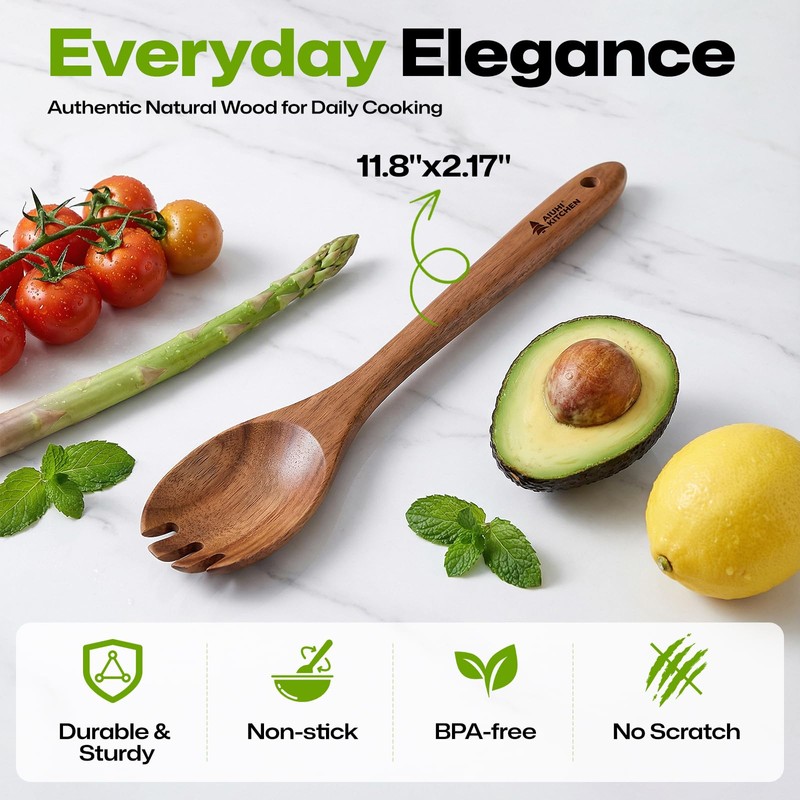 AIUHI Wooden Salad Spoon Fork, 2-in-1 Teak Wood Cooking Utensil,