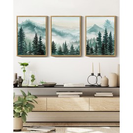 SHENIFY Fog Pine Green Tree Forest Canvas Wall Art 11x14in Framed Nordic Nature Modern Artwork Prints Decor - Natural Framed