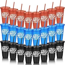 Rtteri 12 Pcs Father's Day Appreciation Cups Gift Bulk World's Best Dad 24 oz Plastic Reusable Coffee Cups with Straws and Lids for Man Gradnfather Party Supplies