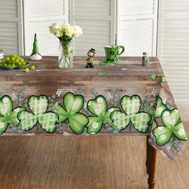 Horaldaily St. Patrick's Day Tablecloth 60×84 Inch Rectangular, Buffalo Plaid Shamrock Eucalyptus Wood Washable Seasonal Table Cover for Party Picnic Dinner Decor