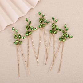 Teyglen 5pcs Bride Green Rhinestone Wedding Hair Pins Set Bridal Crystal Pearl Hair Pins Clips Elegant Hair Jewelry Accessories for Women Crystal Wedding Head Piece (Green)