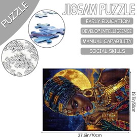 Native Afro-America Woman 1000 Piece Jigsaw Puzzles for Adults Africa Black Girl Painting Jigsaw Puzzle Queen Wearing Gloden Jewelry 1000 Pieces Puzzles Game Full Moon Wall Decor DIY Craft Puzzle Art