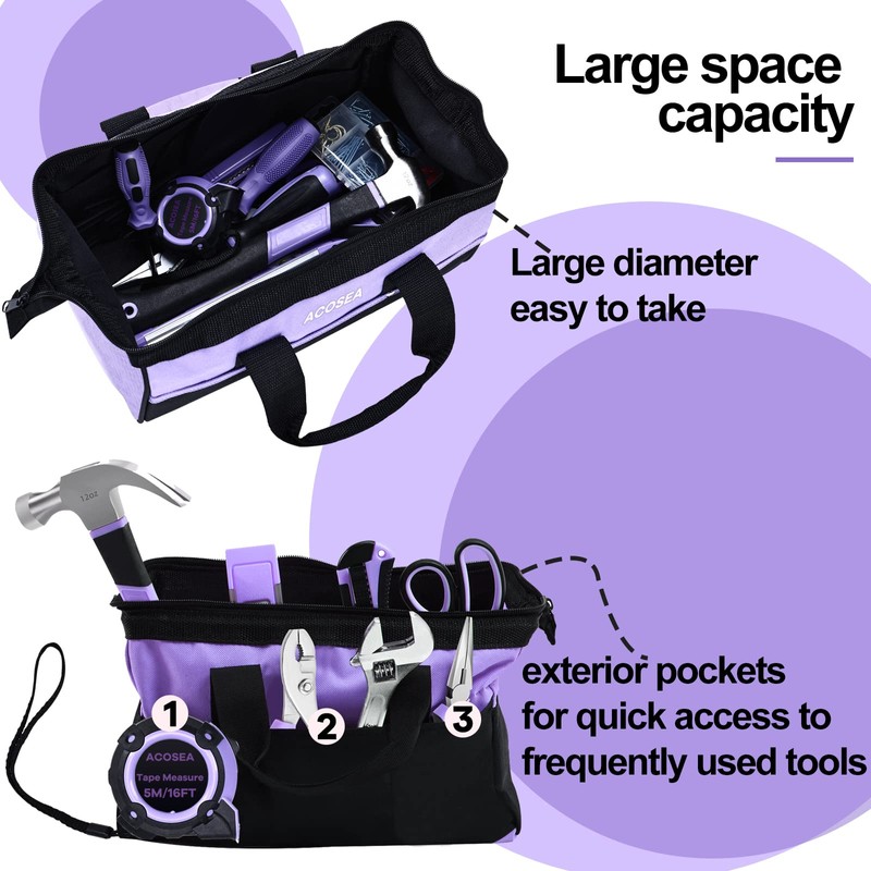 ACOSEA Purple Tool Bag,13 Inch Wide Mouth Open Tool Organizer