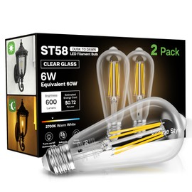 Eastiya Dusk to Dawn Light Bulbs, 6W Equivalent 60W, Soft White 2700K, E26 Base, Light Sensing, ST58 Vintage Style, 600LM, Outdoor Edison Bulbs, Automatic Light Bulbs for Porch Patio Garage, 2 Pack