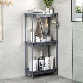 Orimade Rustproof 3 Tier Floor Standing Shower Caddy Organizer, Plastic Metal Splicing Floor Shelf Rack Stands for Bathroom Kitchen,15.35 x 29.33 x 7.87’’, Grey