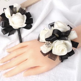 JHCYULUO Ivory Rose Wrist Corsage and Boutonniere Set Artificial Flowers for Wedding Prom Homecoming Groom Bridal Party (Black and Ivory)
