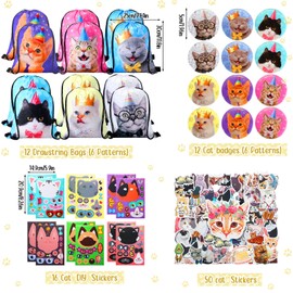 Jenaai 85 Pcs Cat Party Favors Include 12 Cat Drawstring Bags 12 Cat Badge 12 Cat Sequin Keychains 12 Cat Squeeze Toys 12 Cat Face Stickers 12 Cat Ears Headbands 12 Cat Birthday Masks and Cat Stickers