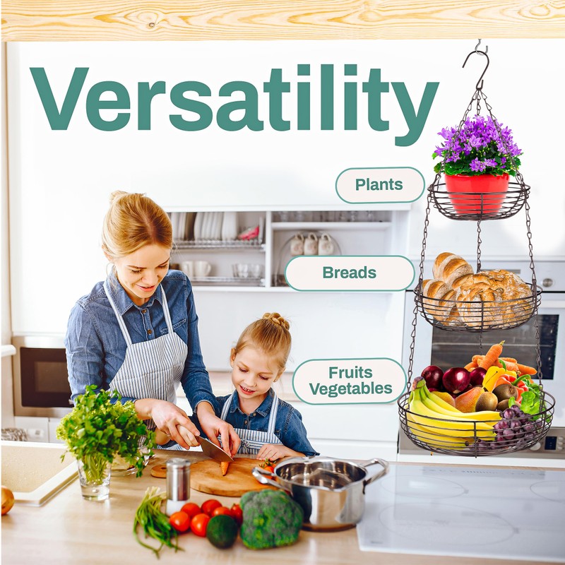 Home Intuition 3-Tier Hanging Fruit Produce Basket Heavy Duty Wire