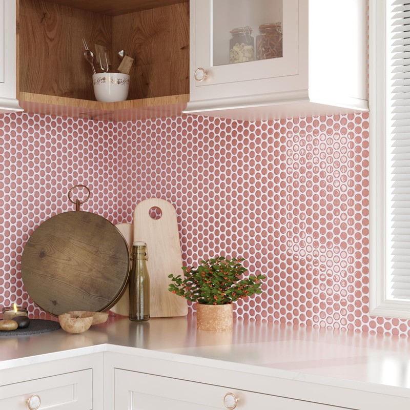 CRE8TIVE 4 Sheets Penny Round Tile Peel and Stick Backsplash