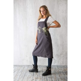 Bunny Street Pinafore Apron - Premium Quality Linen Japanese Apron for Women - Square Cross Back Apron for Work, Kitchen, Craft - Volcanic Ash Smock