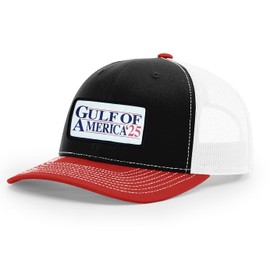 Trenz Shirt Company Mens Political Patch Trump Gulf of America '25 Mesh Back Trucker Hat, Black/Red/White