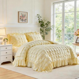 Flysheep Yellow Plaid Seersucker Comforter Set with Ruffled Fringe Queen Size, 3 Pieces Lightweight Soft Fluffy Farmhouse Bedding Set for All Season, Elegant Bed Set with Ruffle Shams (Yellow, Queen)